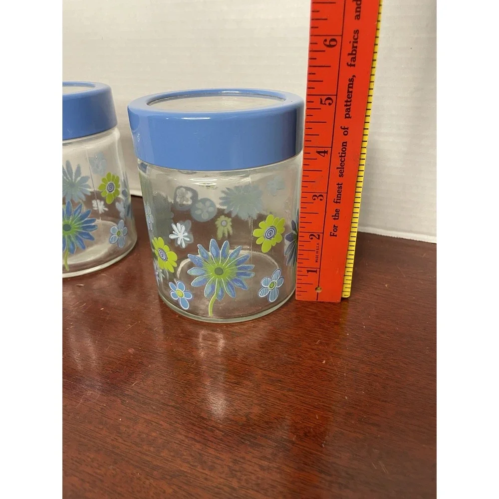 Vintage Glass Canister Jar Blue Lid Blue And Green Floral Retro Decor Set Of 2